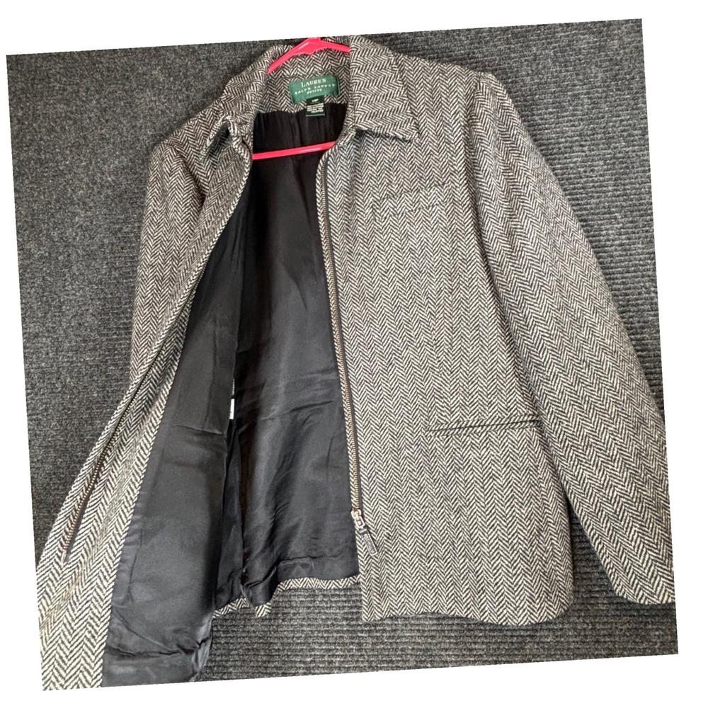 Lauren‎ Ralph Lauren Petite Lambswool Herringbone Blazer Jacket Black White 14P